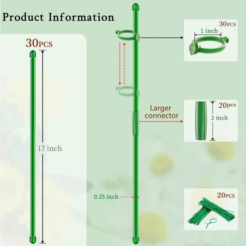 SupKing 30Pcs Plant Support Stakes 17 inch Garden Orchid Sticks Extended to 3ft 4ft 5ft Plant Poles with Clips for Indoor Outdoor Potted Tomato Rose Amaryllis Vegetables Comes with 20 Ties - Image 2